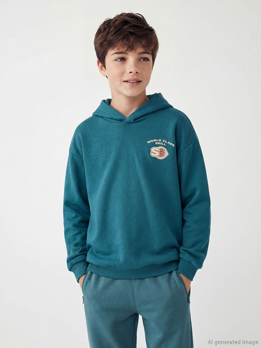 Petrol Kapüşonlu Erkek Çocuk Kalın Sweatshirt