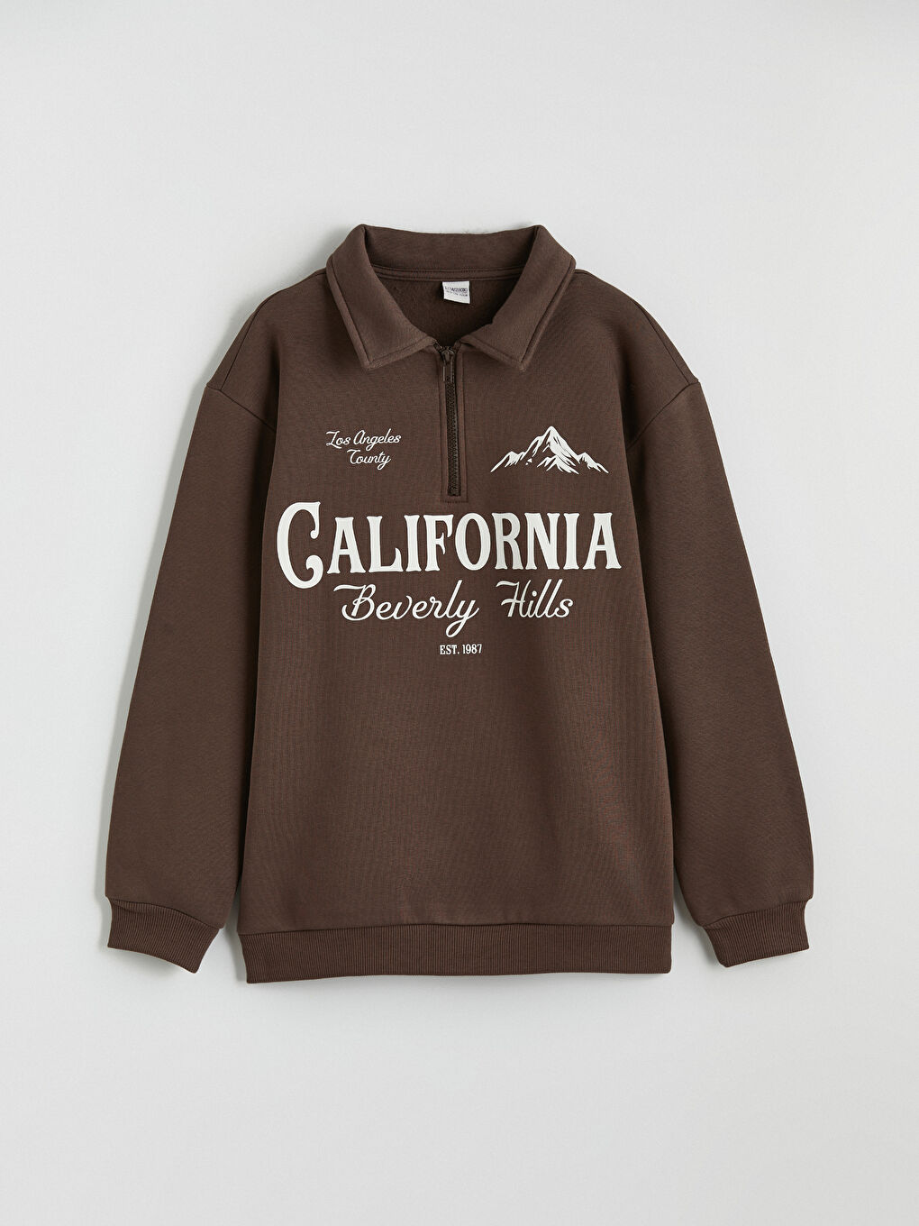 Kahverengi California Baskılı Polo Yaka Erkek Çocuk Kalın Sweatshirt