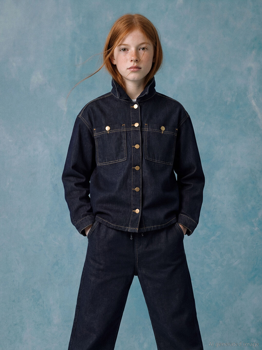 İndigo Uzun Kollu Kız Çocuk Jean Gömlek-1