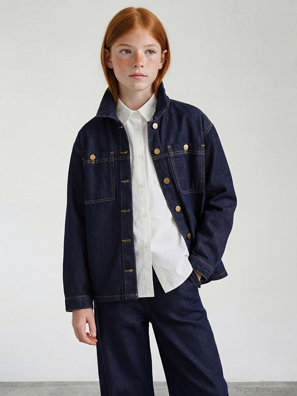 İndigo Uzun Kollu Kız Çocuk Jean Gömlek-2