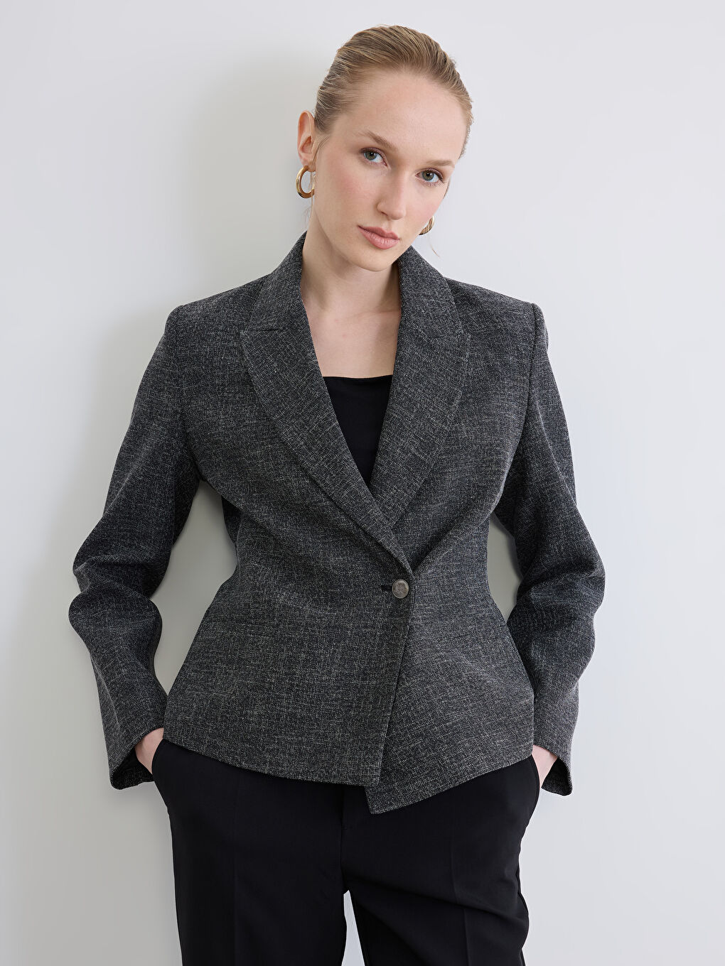 Gri Kruvaze Yaka Dokulu Kadın Blazer Ceket