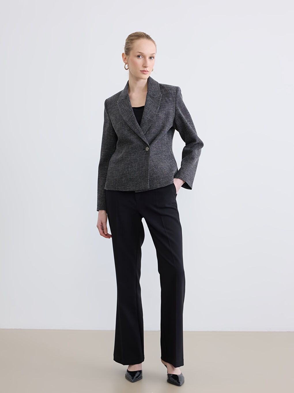 Gri Kruvaze Yaka Dokulu Kadın Blazer Ceket-1