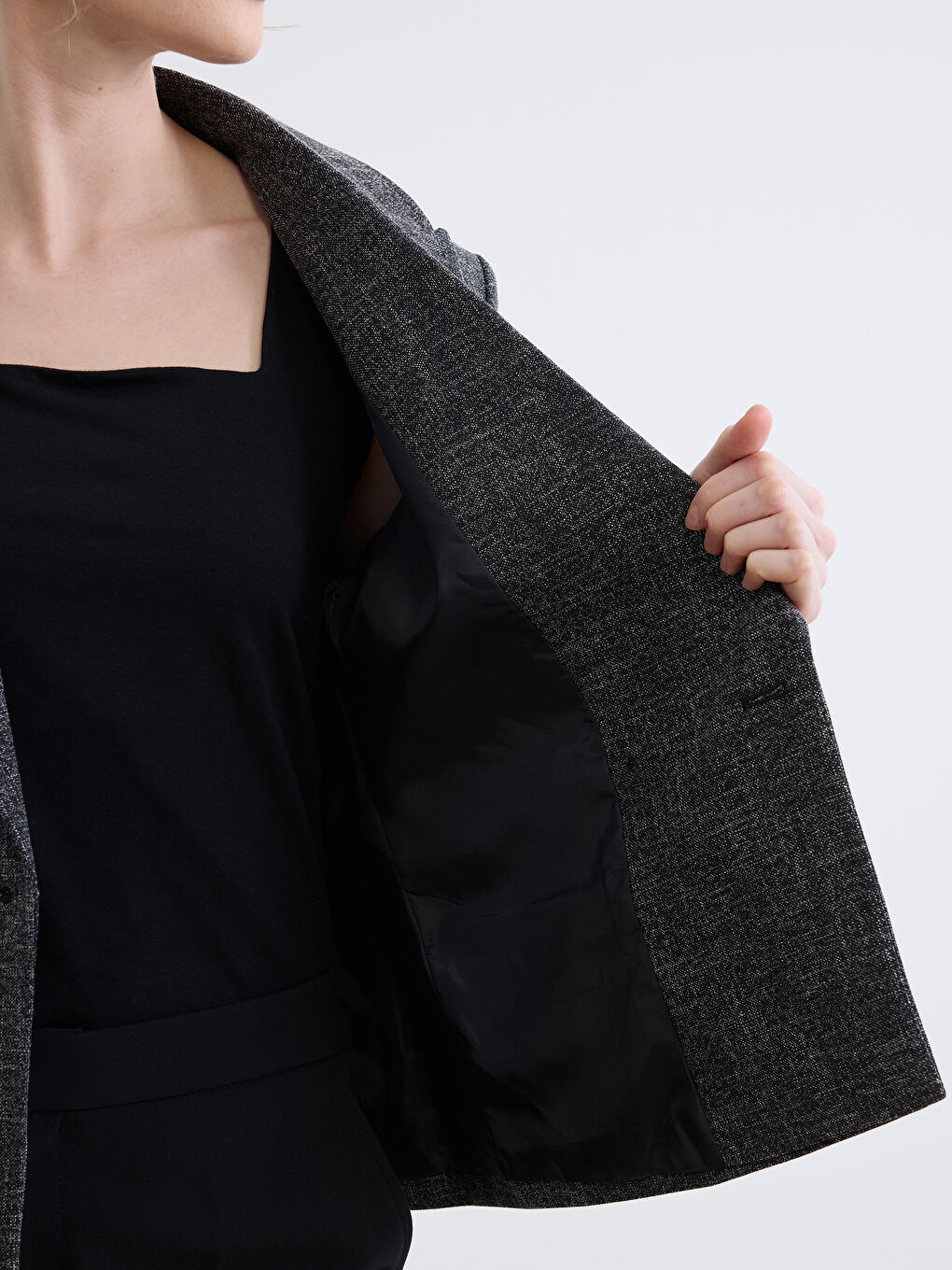 Gri Kruvaze Yaka Dokulu Kadın Blazer Ceket-3