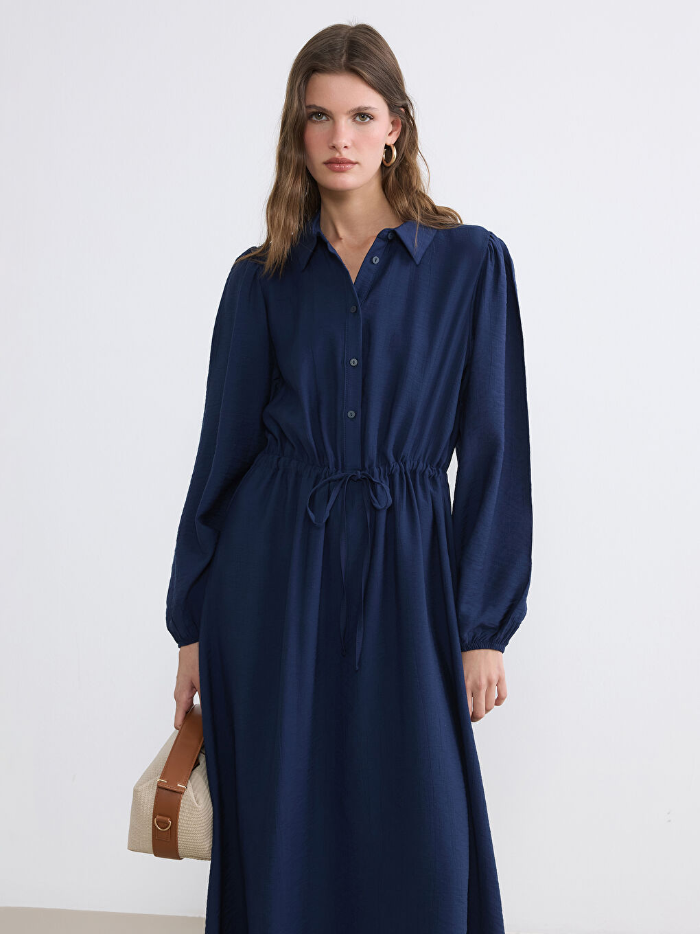 Lacivert Gömlek Yaka Büzgülü Elbise