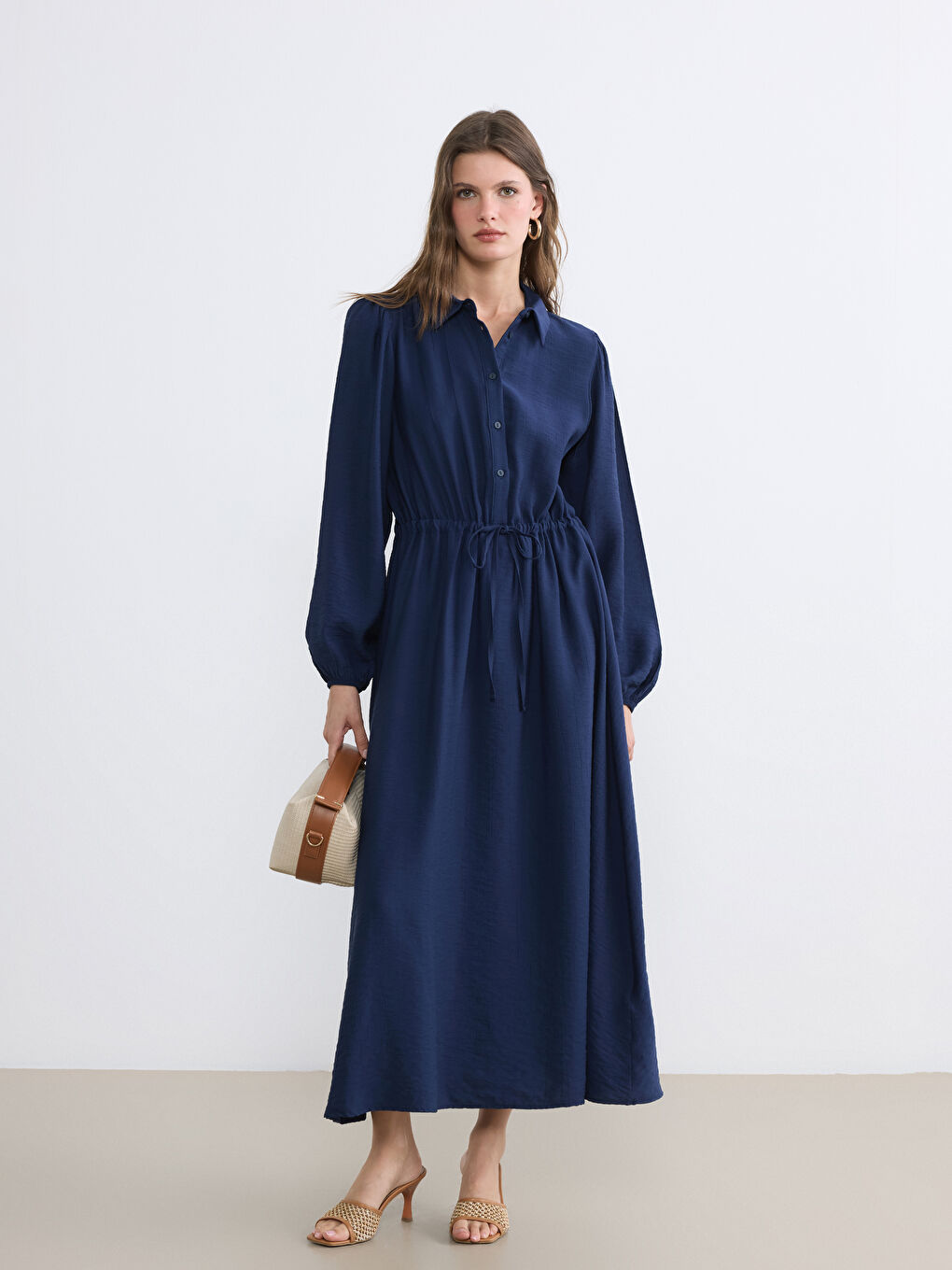 Lacivert Gömlek Yaka Büzgülü Elbise-1