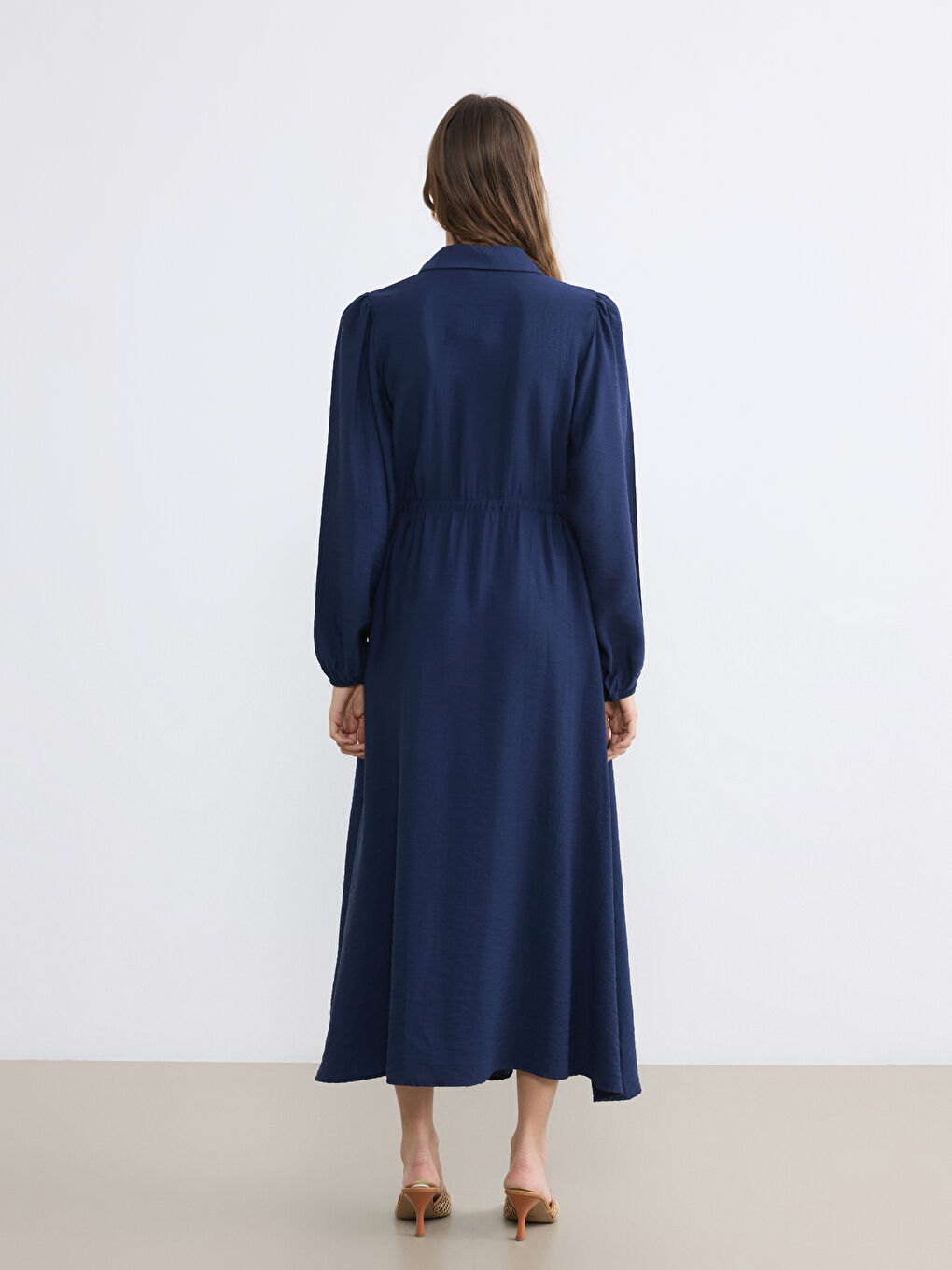 Lacivert Gömlek Yaka Büzgülü Elbise-3