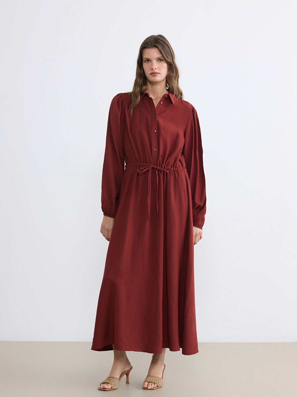 Turuncu Gömlek Yaka Büzgülü Elbise-1