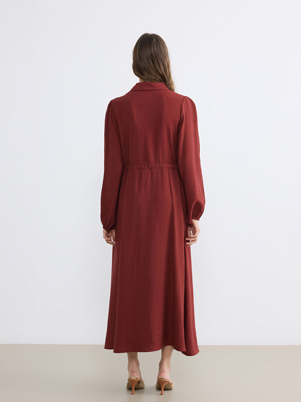 Turuncu Gömlek Yaka Büzgülü Elbise-3