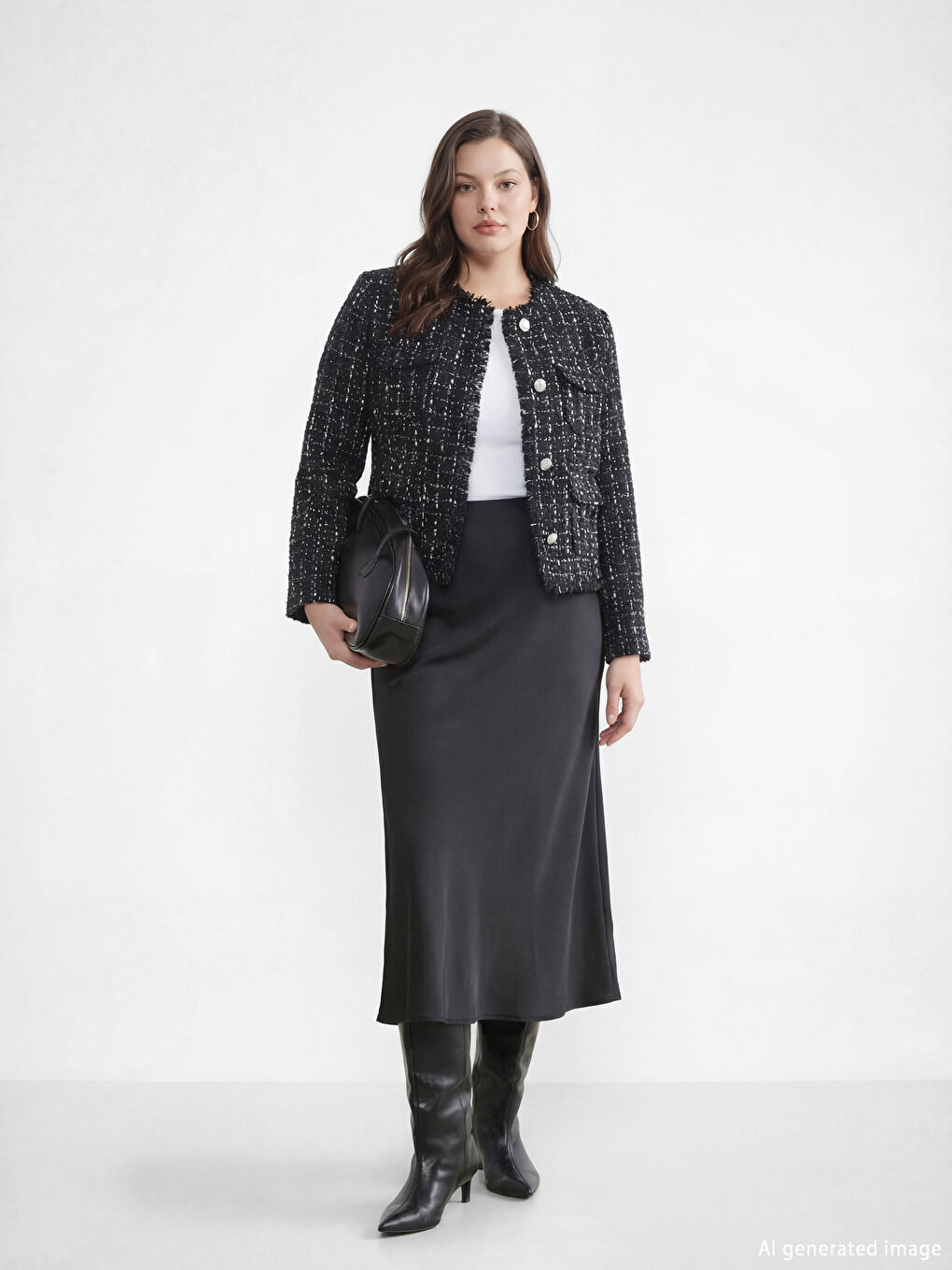 Siyah Bisiklet Yaka Ekose Kadın Tüvit Ceket-1