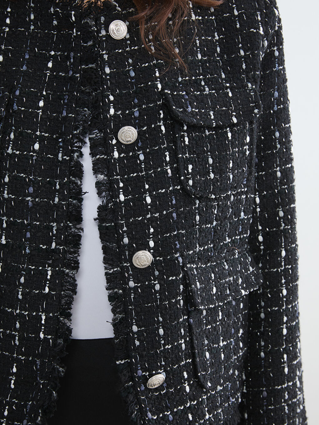 Siyah Bisiklet Yaka Ekose Kadın Tüvit Ceket-3