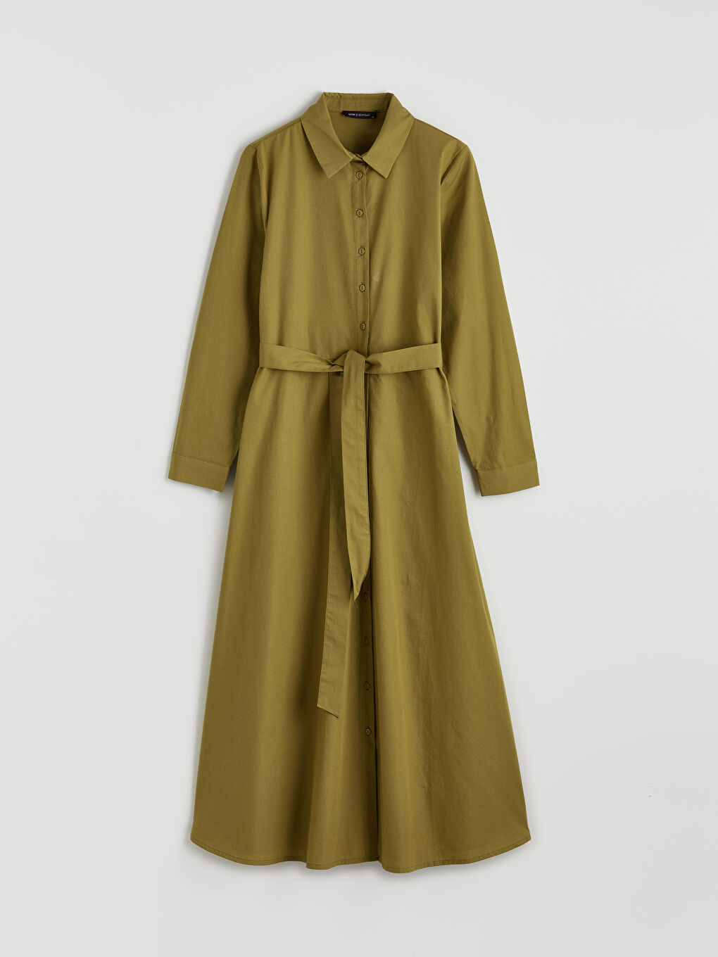 Yeşil Beli Kuşaklı Poplin Gömlek Elbise