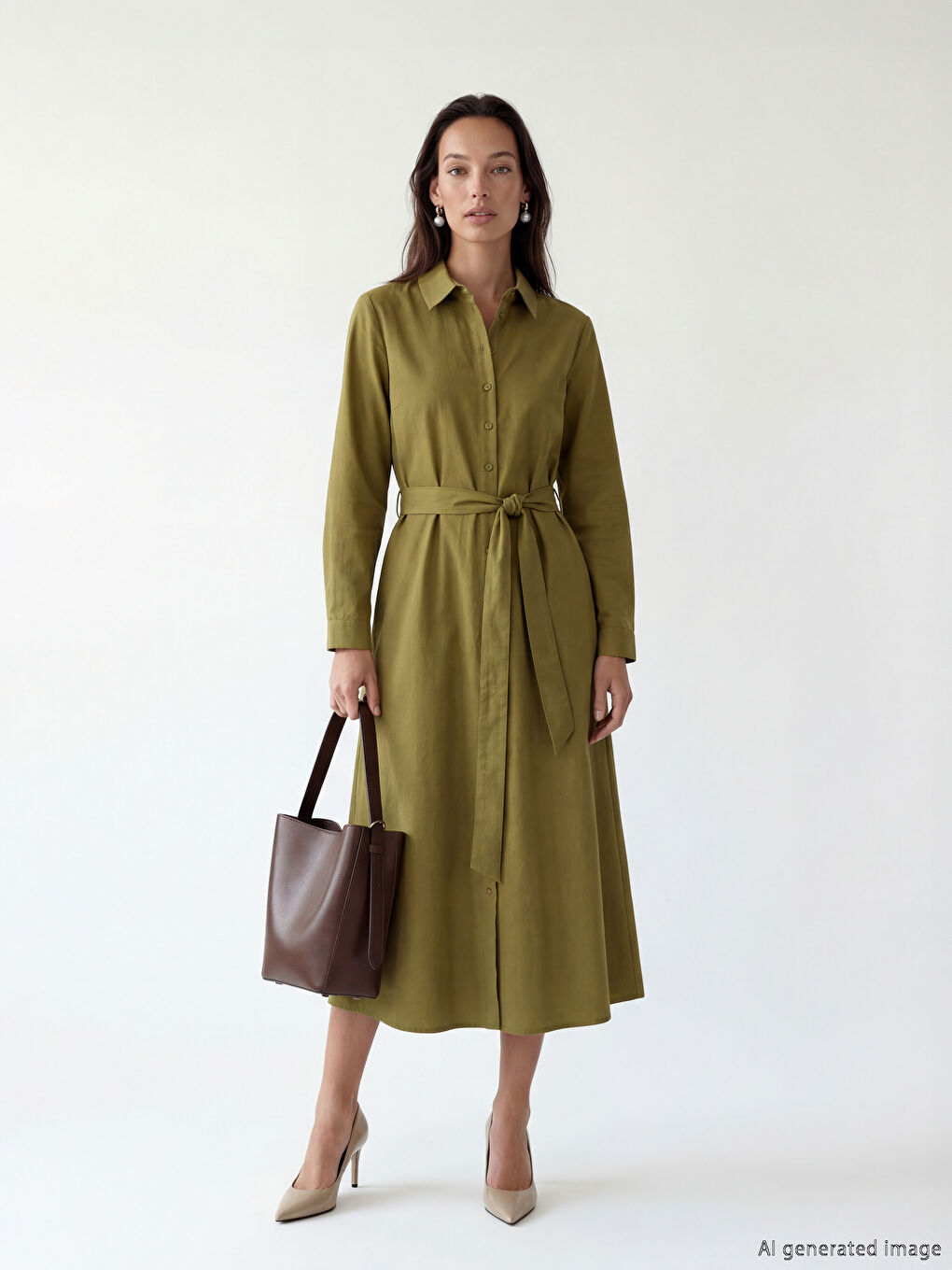 Yeşil Beli Kuşaklı Poplin Gömlek Elbise-1