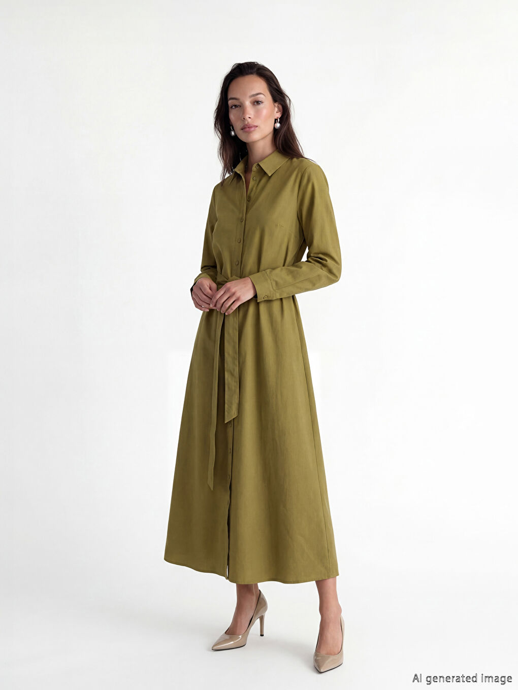 Yeşil Beli Kuşaklı Poplin Gömlek Elbise-2