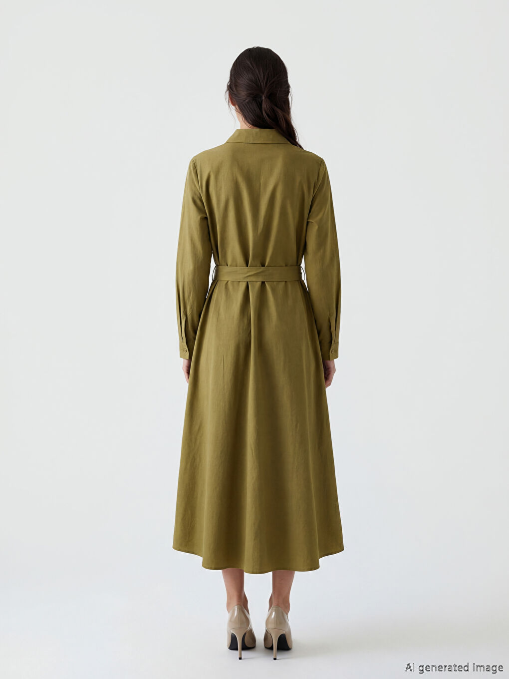 Yeşil Beli Kuşaklı Poplin Gömlek Elbise-3