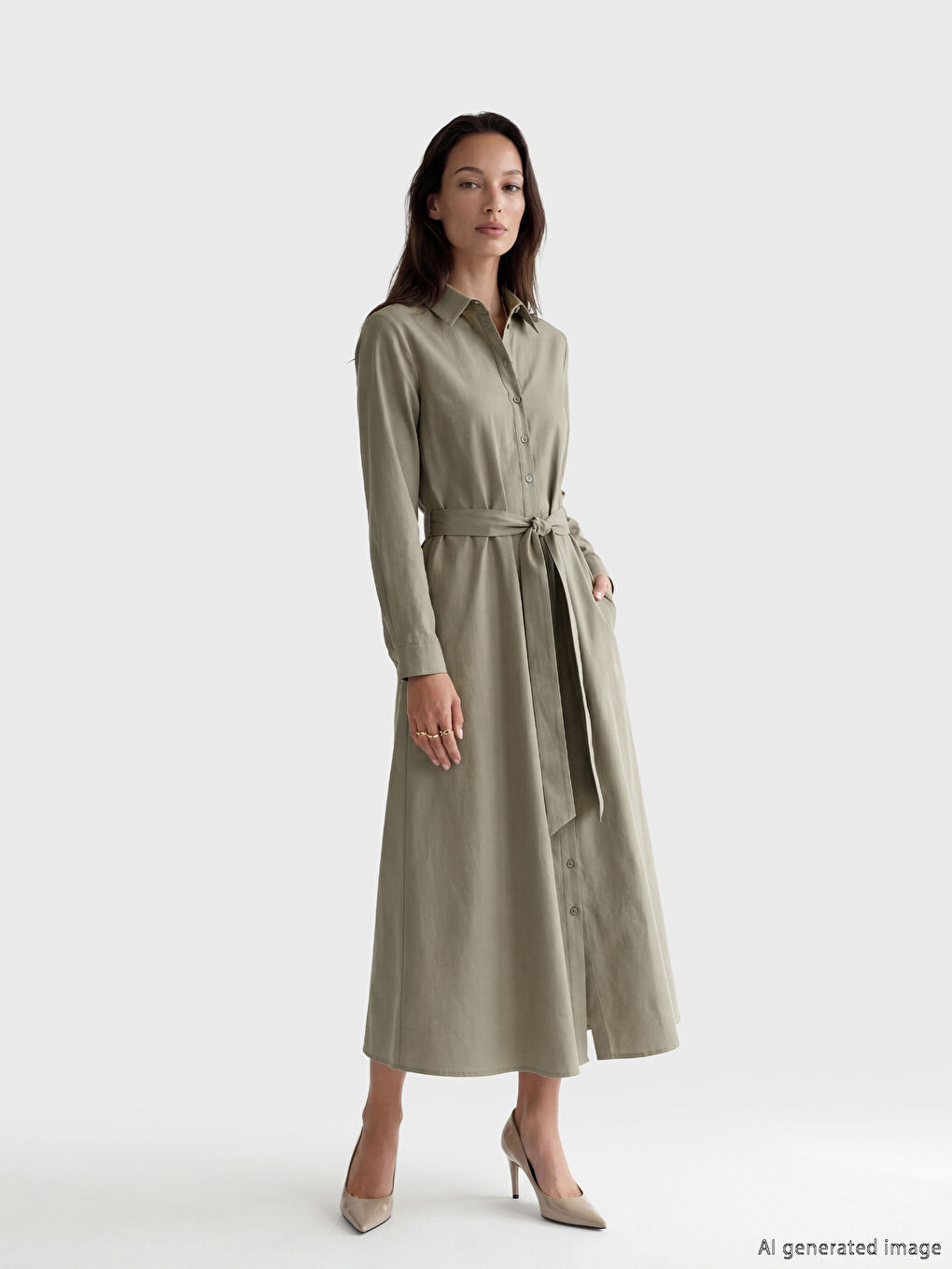 Yeşil Beli Kuşaklı Poplin Gömlek Elbise-1