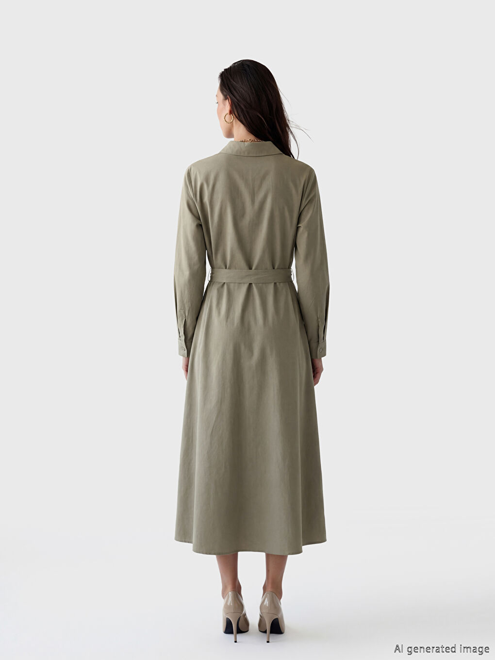 Yeşil Beli Kuşaklı Poplin Gömlek Elbise-2