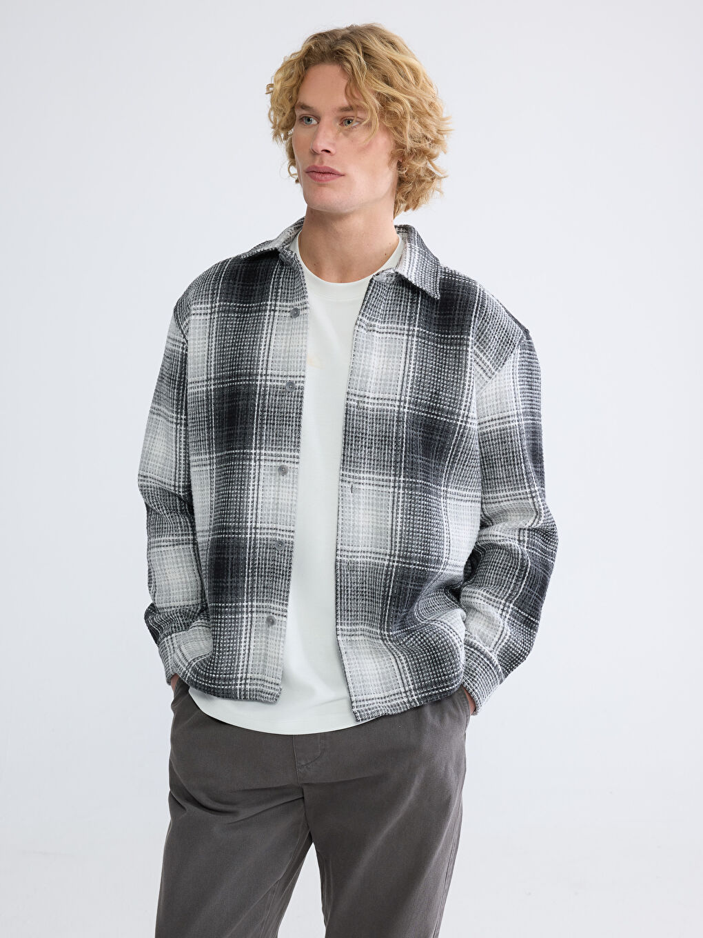 Gri Regular Fit Yün Karışımlı Erkek Gömlek Ceket