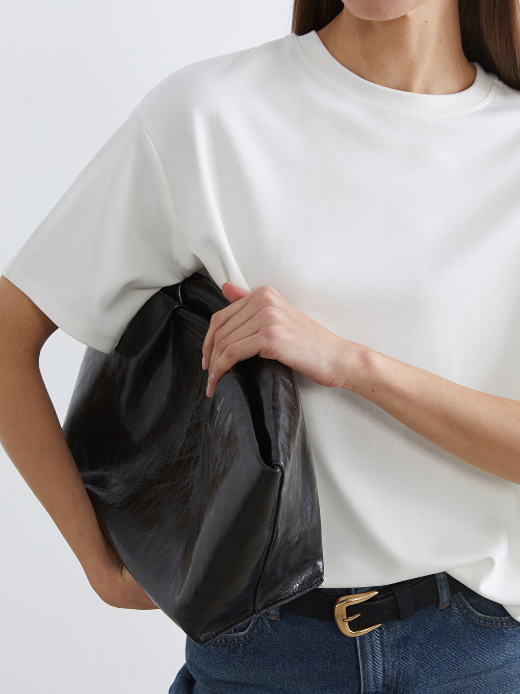 Ekru Bisiklet Yaka Oversize Kadın Tişört-2