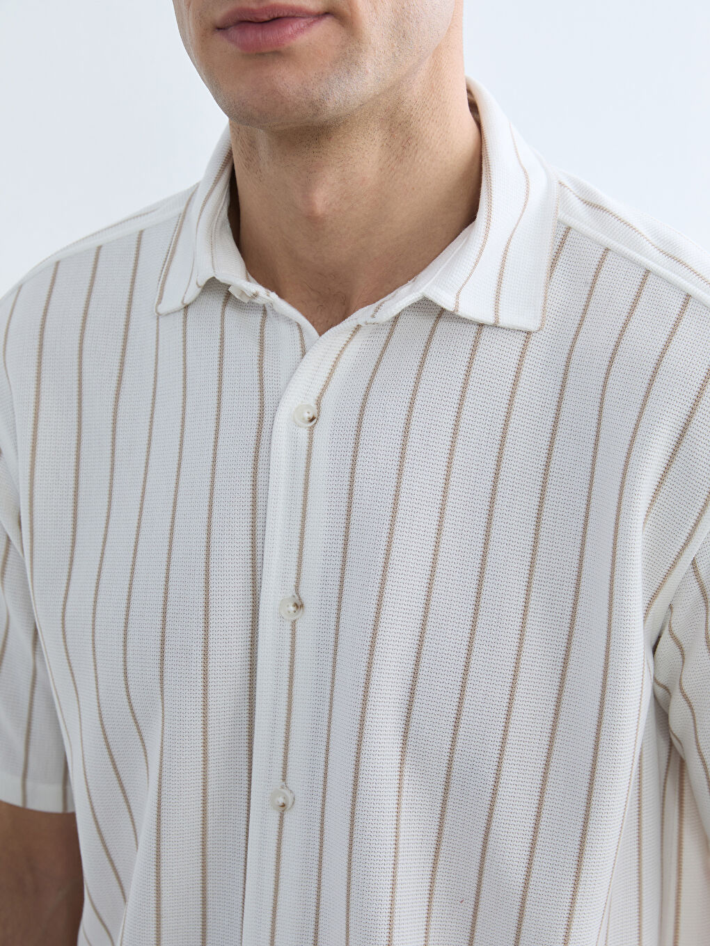 Ekru Regular Fit Çizgili Erkek Gömlek-2