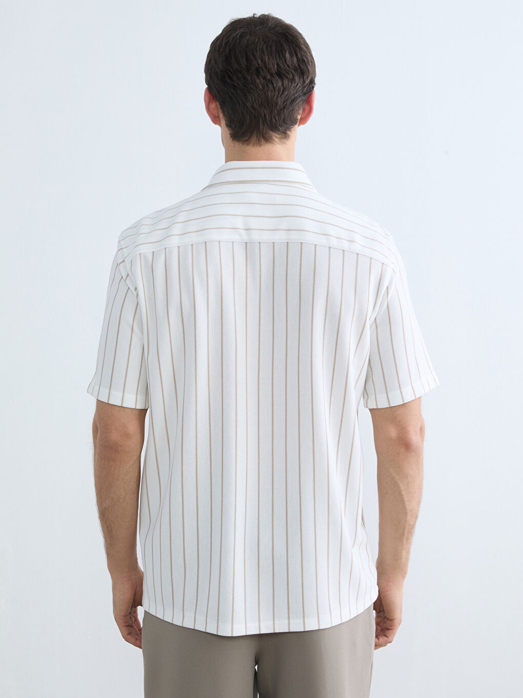 Ekru Regular Fit Çizgili Erkek Gömlek-3