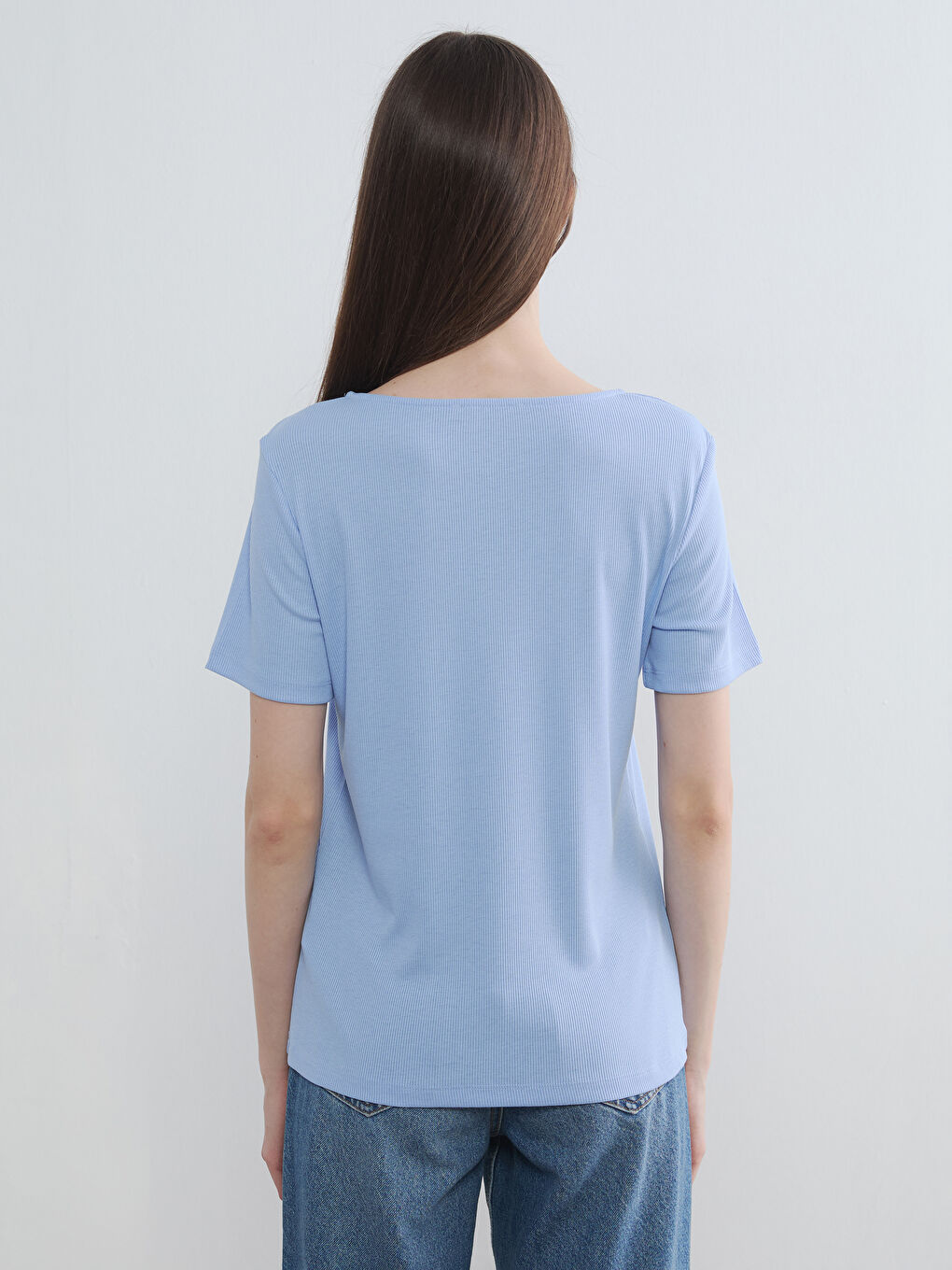 Mavi U Yaka Fitilli Kadın Tişört-3