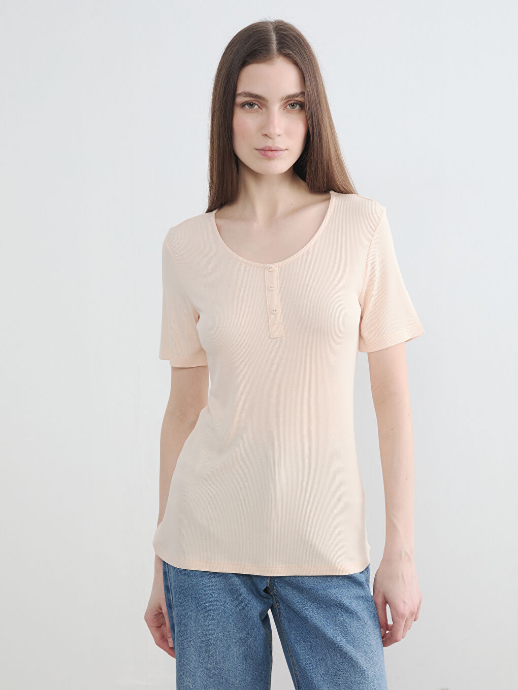 Pembe U Yaka Fitilli Kadın Tişört