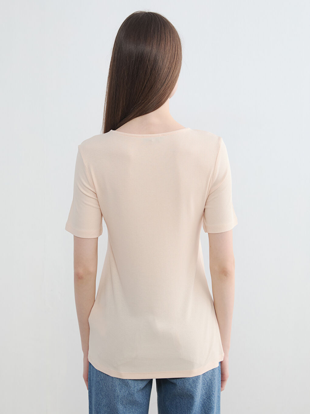 Pembe U Yaka Fitilli Kadın Tişört-3