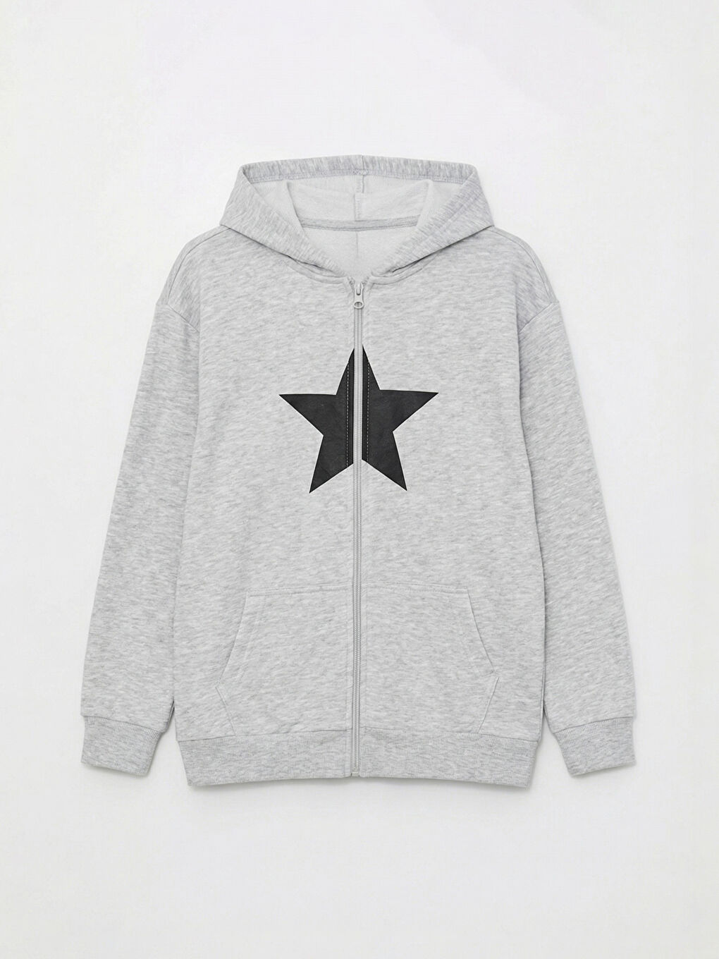 Gri Kapüşonlu Baskılı Kız Çocuk Fermuarlı Sweatshirt