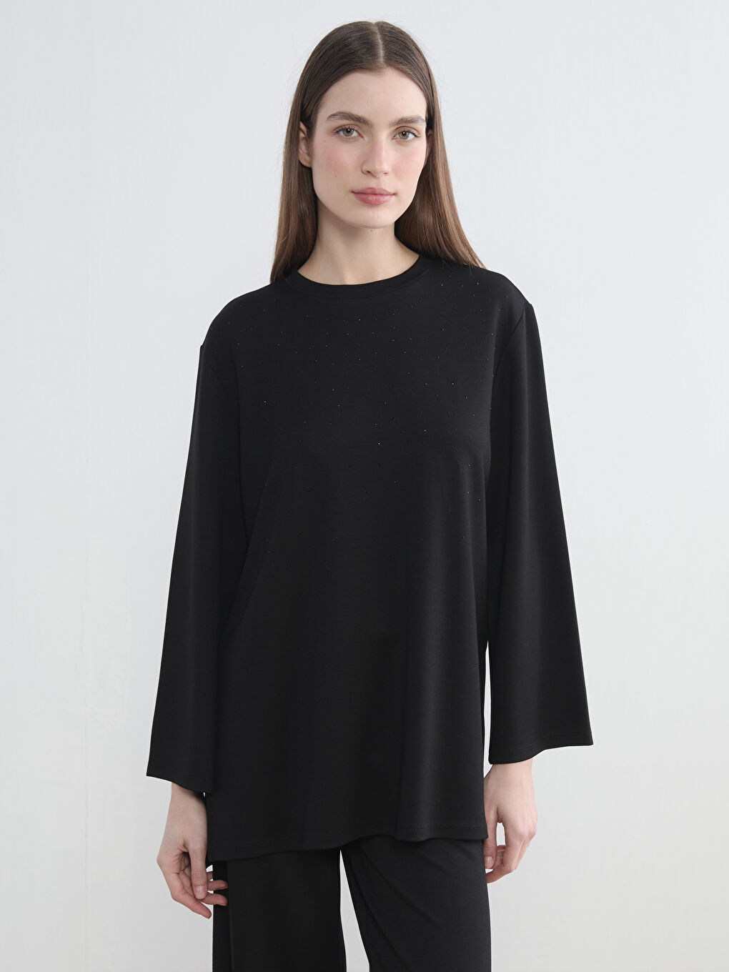 Siyah Taşlı Soft Touch Oversize Kadın Sweatshirt Tunik