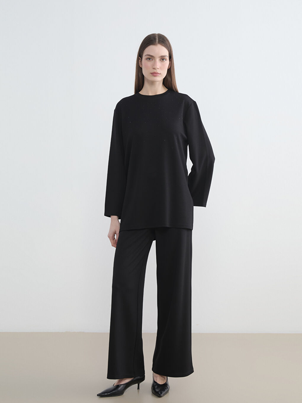 Siyah Taşlı Soft Touch Oversize Kadın Sweatshirt Tunik-1