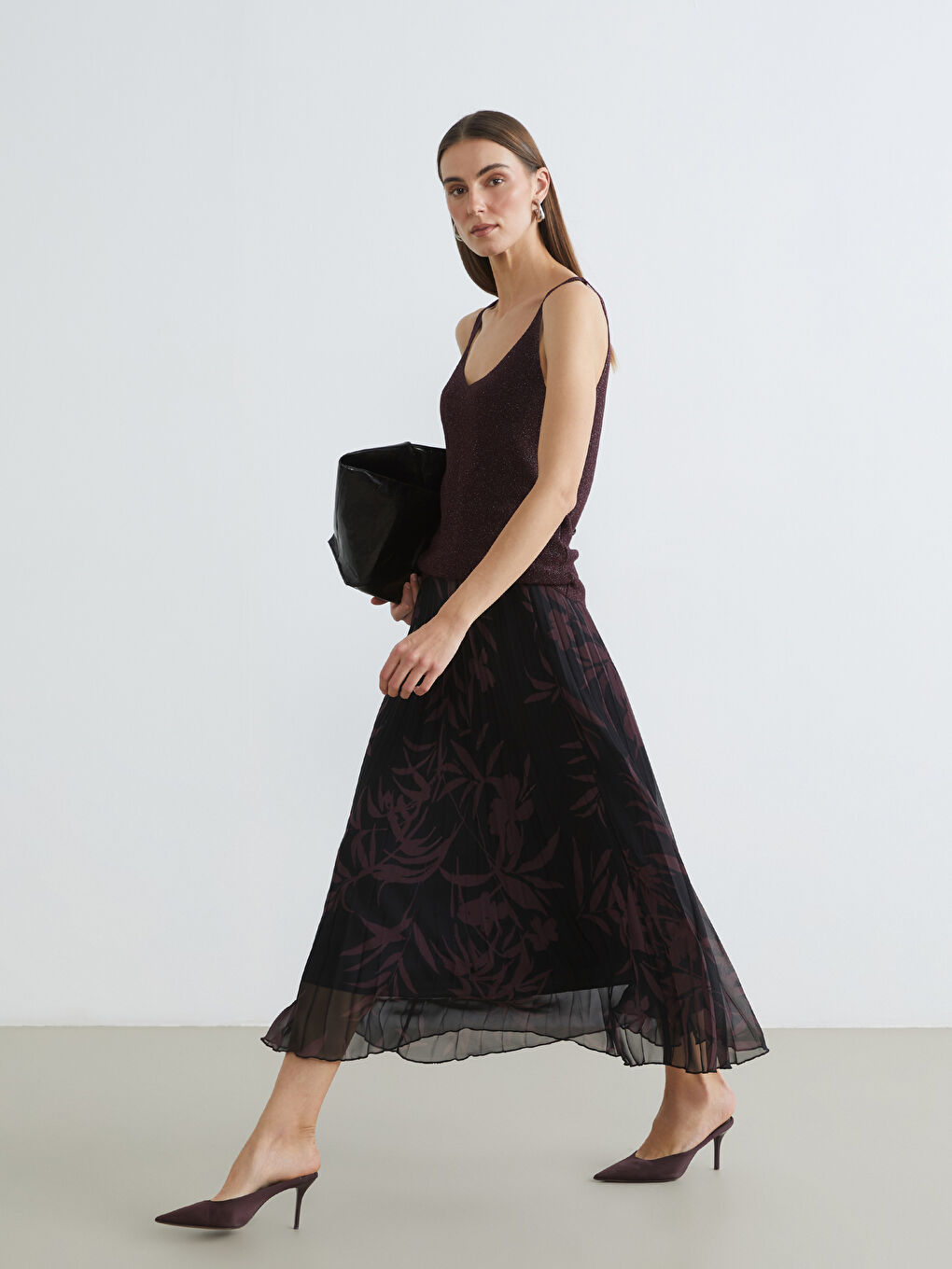 Karışık Beli Lastikli Çiçekli Şifon Pileli Etek