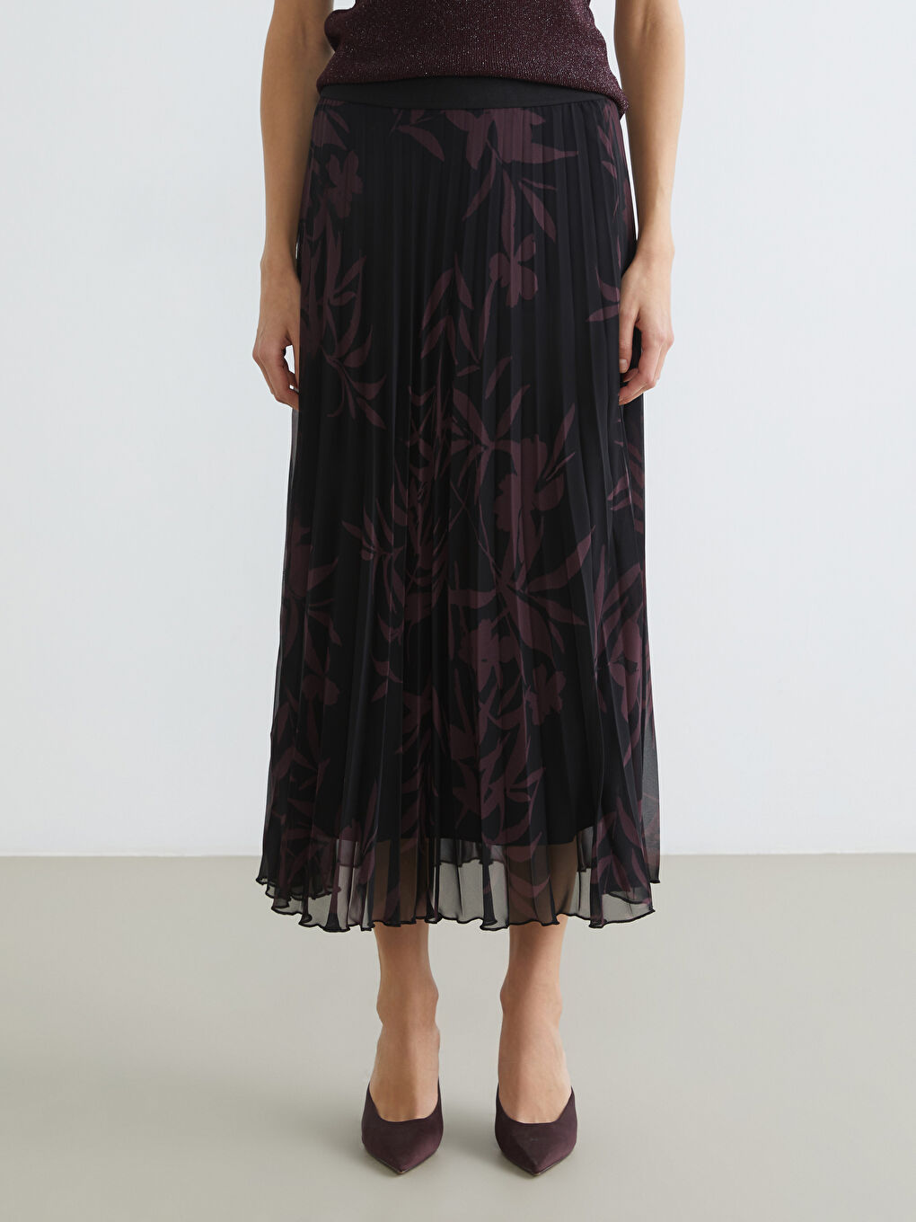 Karışık Beli Lastikli Çiçekli Şifon Pileli Etek-1