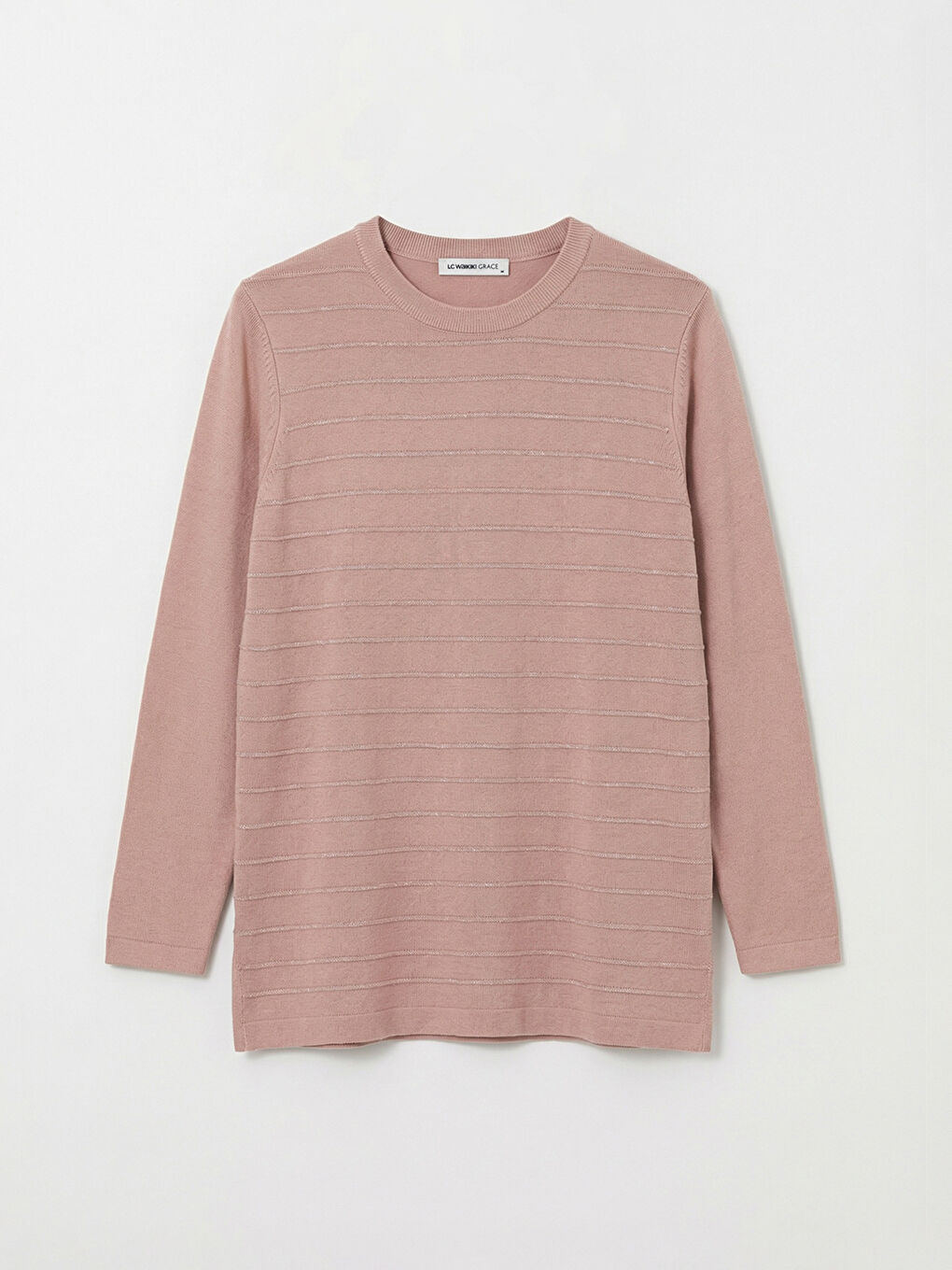 Pembe Bisiklet Yaka Çizgili Kadın Triko Kazak