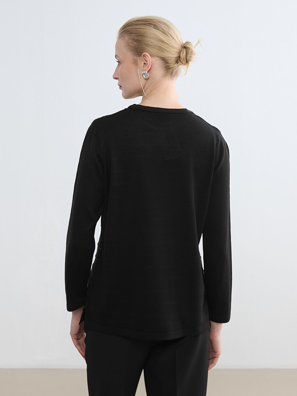 Siyah Bisiklet Yaka Çizgili Kadın Triko Kazak-3