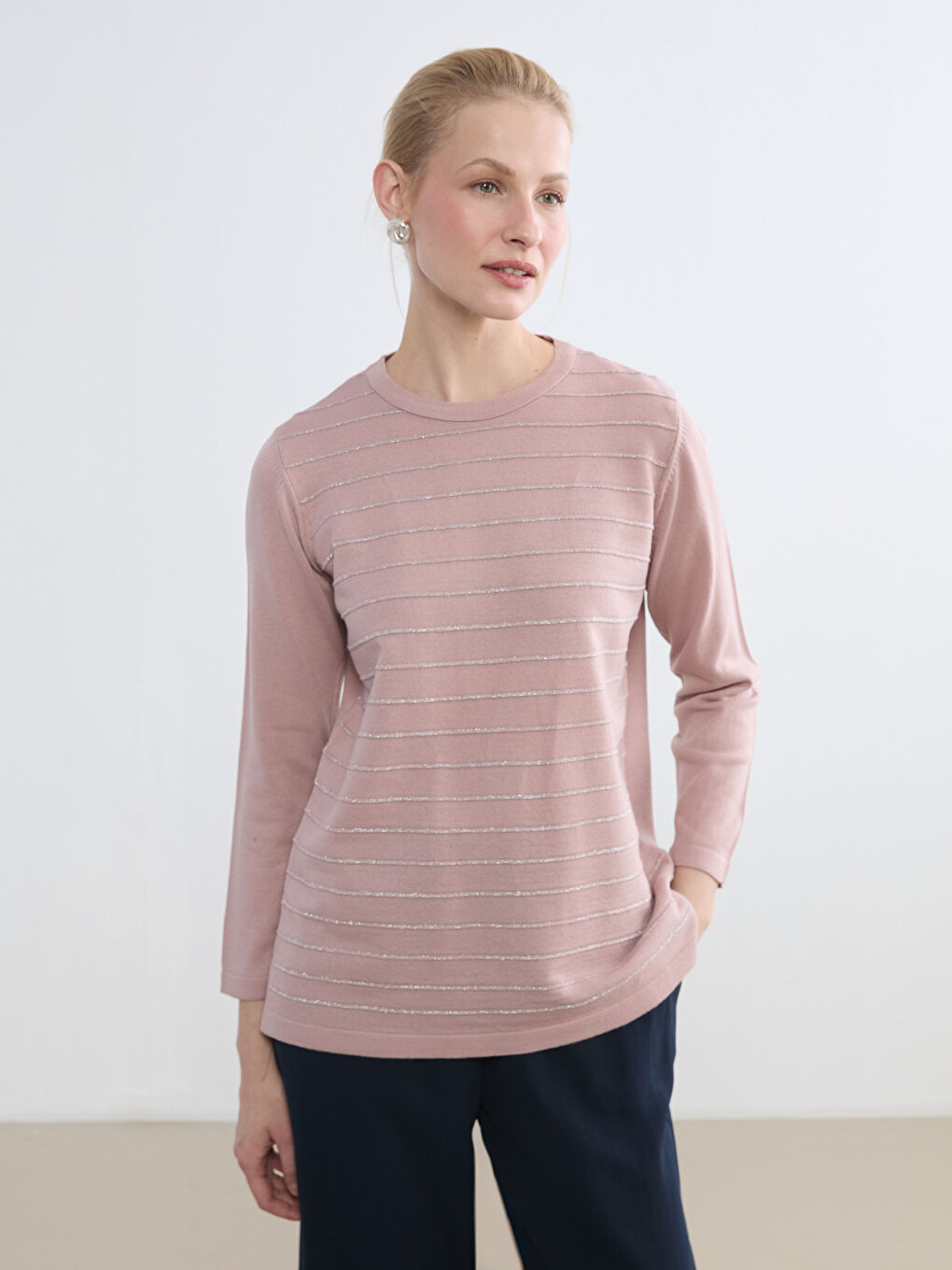 Striped Knit Sweater with a Crew Neck.