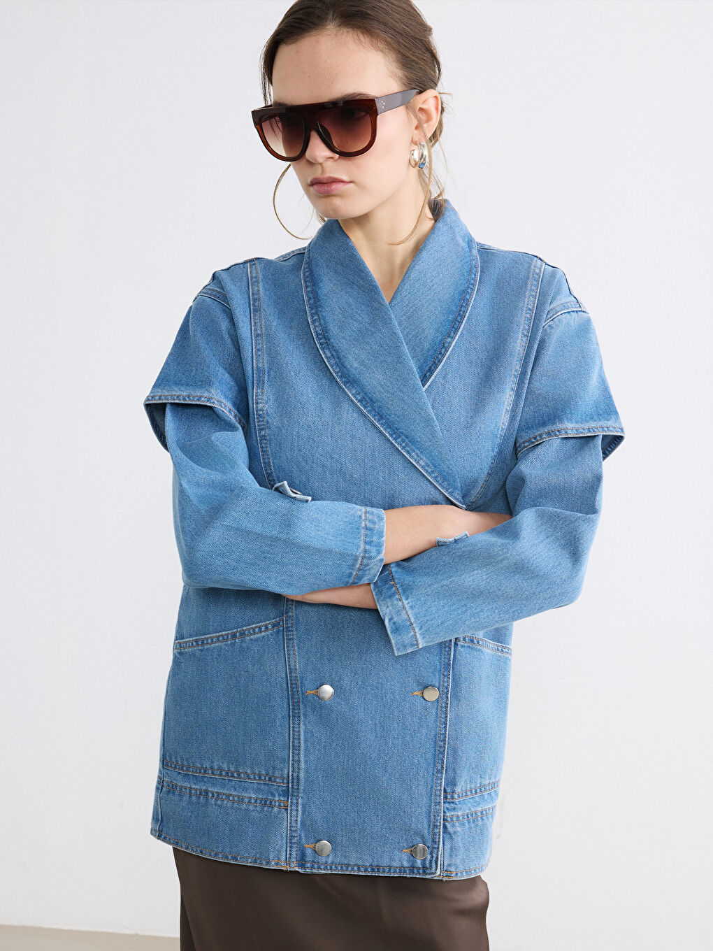 İndigo Kruvaze Yaka Kadın Jean Ceket-1
