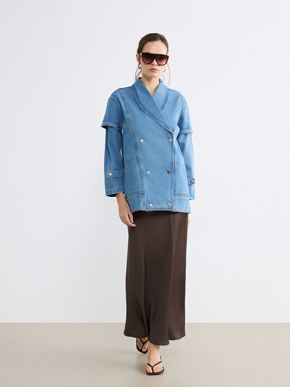 İndigo Kruvaze Yaka Kadın Jean Ceket-3