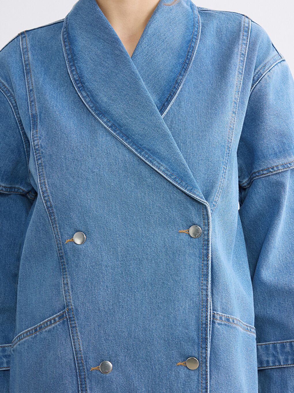 İndigo Kruvaze Yaka Kadın Jean Ceket-4