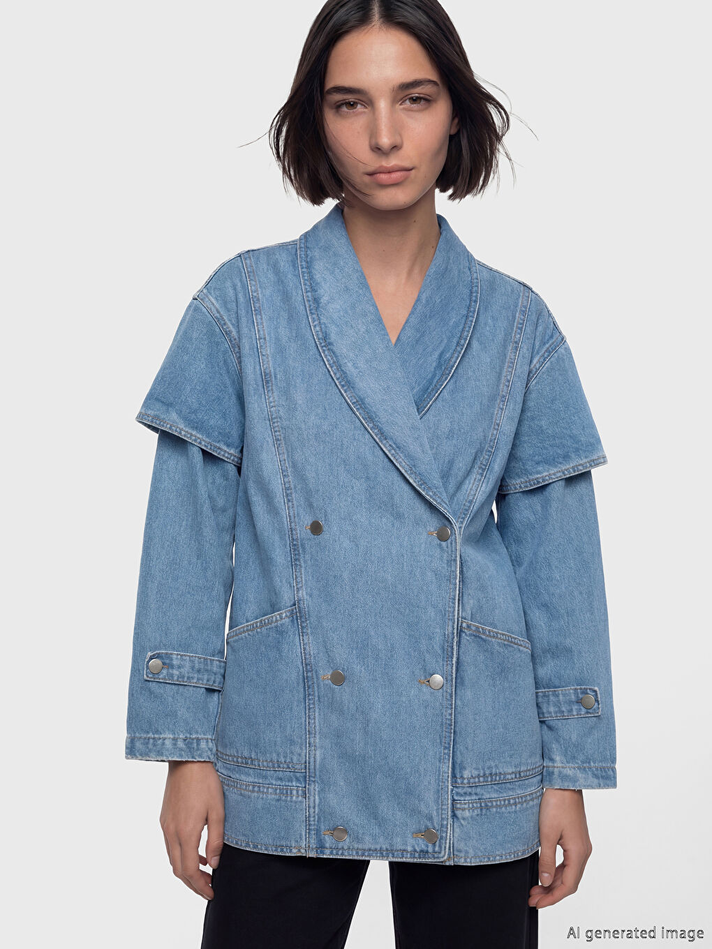 İndigo Kruvaze Yaka Kadın Jean Ceket