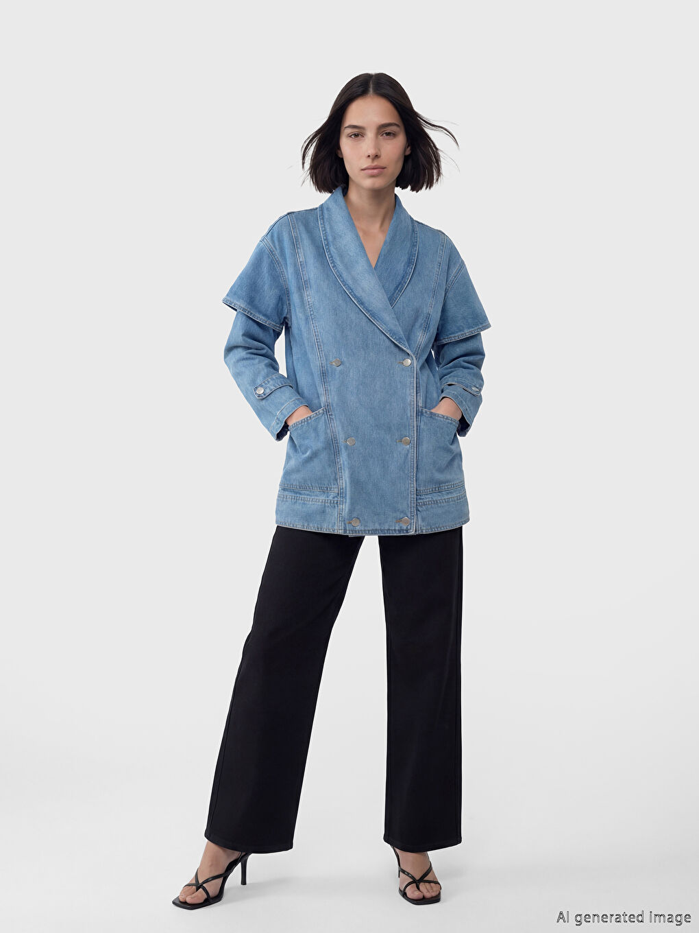 İndigo Kruvaze Yaka Kadın Jean Ceket-2