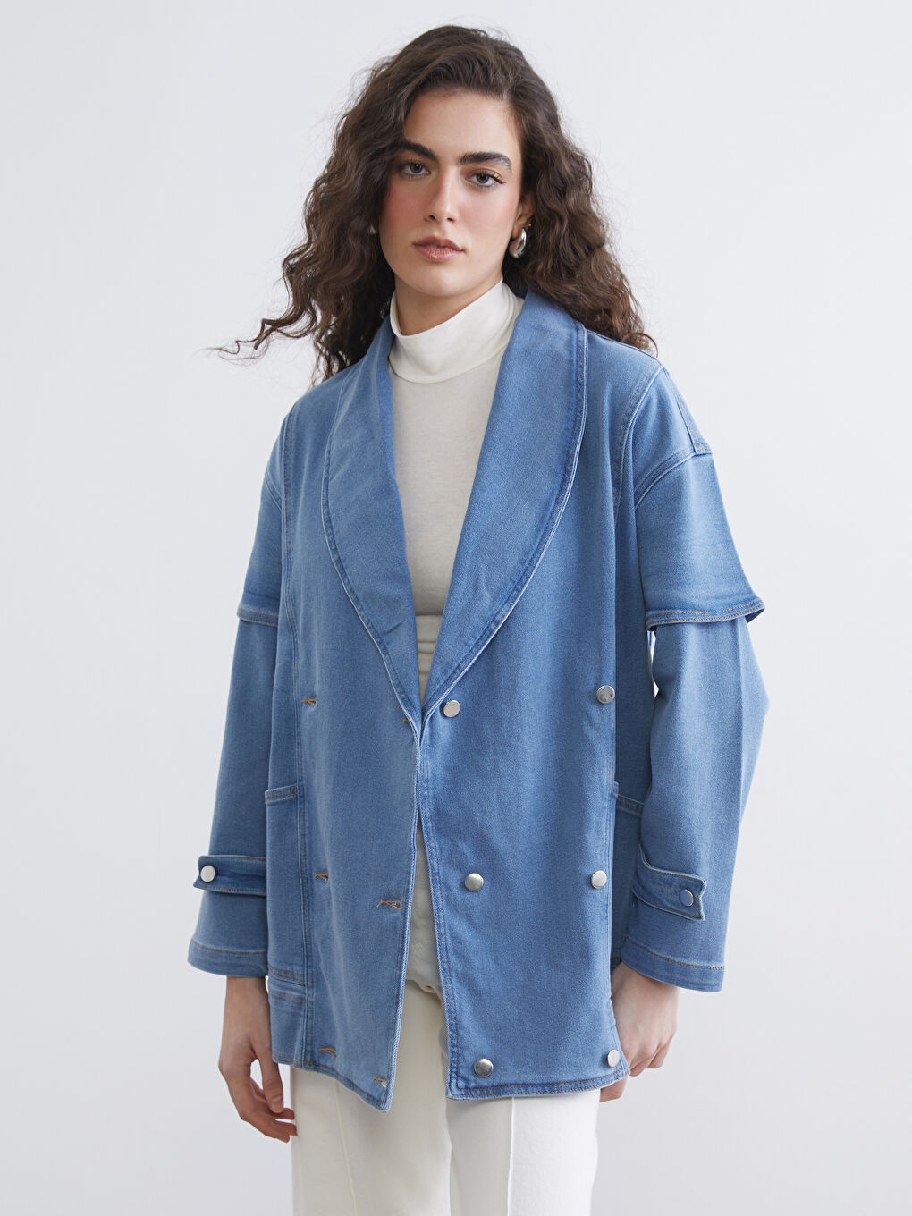İndigo Kruvaze Yaka Kadın Jean Ceket-1
