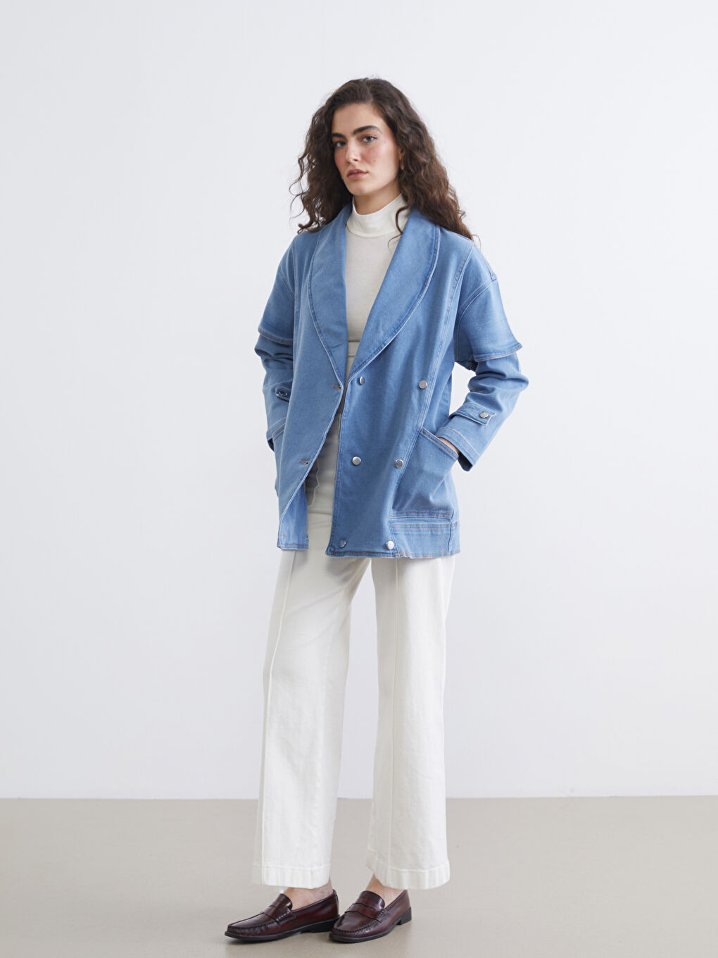 İndigo Kruvaze Yaka Kadın Jean Ceket-3