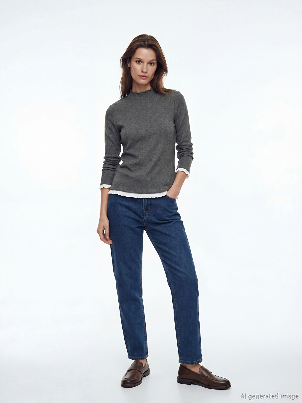 Antrasit Dik Yaka Fırfırlı Kadın Body-1