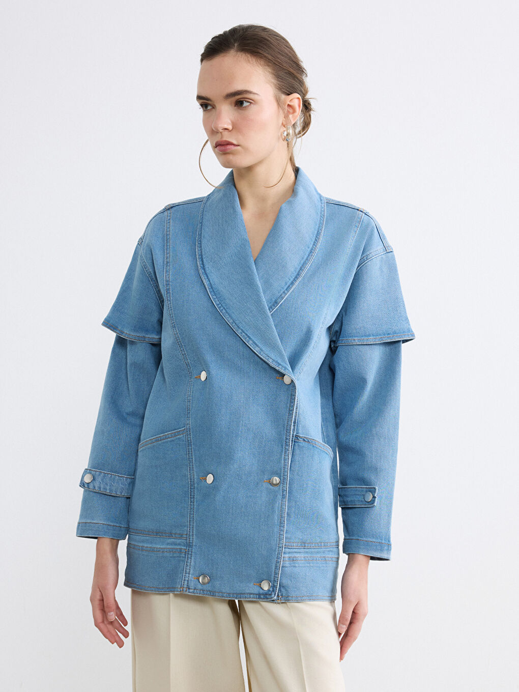İndigo Kruvaze Yaka Kadın Jean Ceket-1