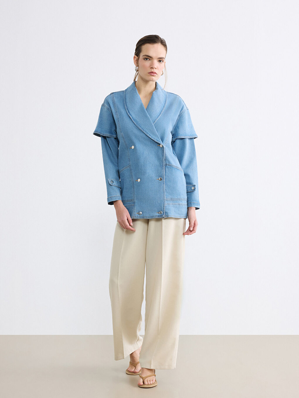 İndigo Kruvaze Yaka Kadın Jean Ceket-3