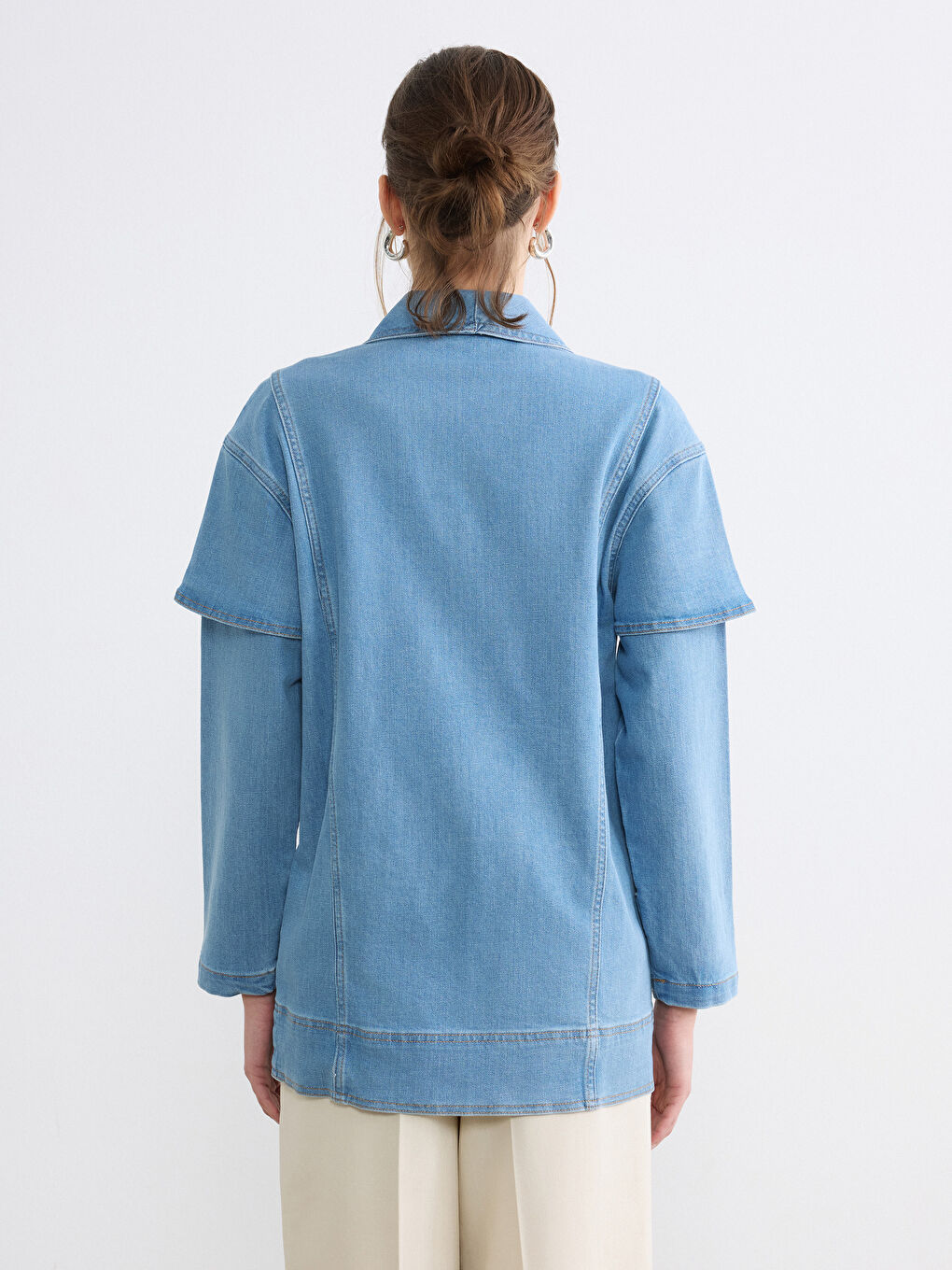 İndigo Kruvaze Yaka Kadın Jean Ceket-5