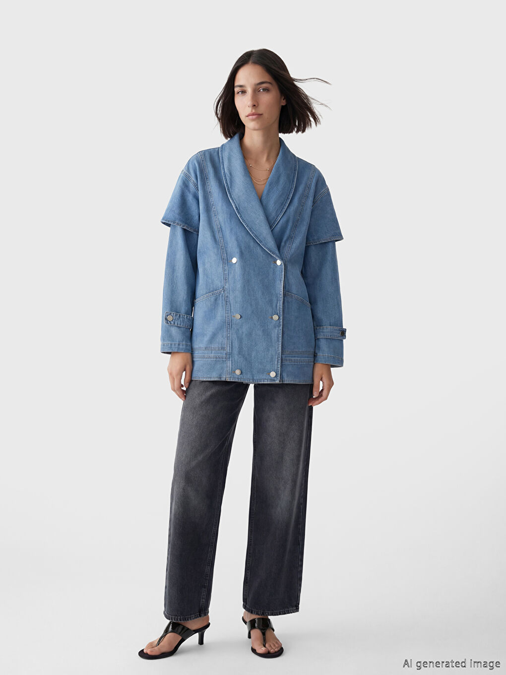 İndigo Kruvaze Yaka Kadın Jean Ceket-2