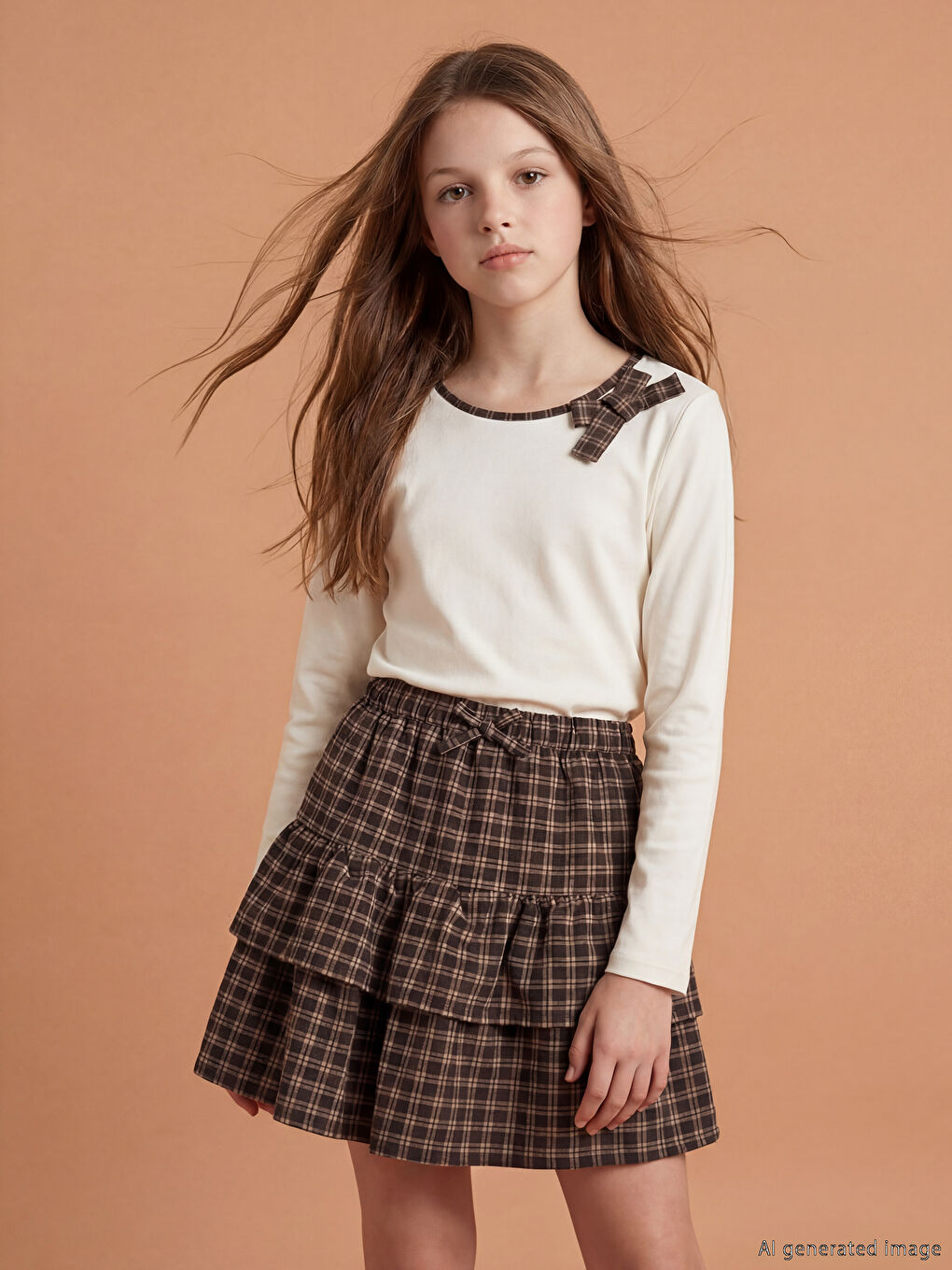 Ekru Fiyonk Detaylı Kız Çocuk Tişört