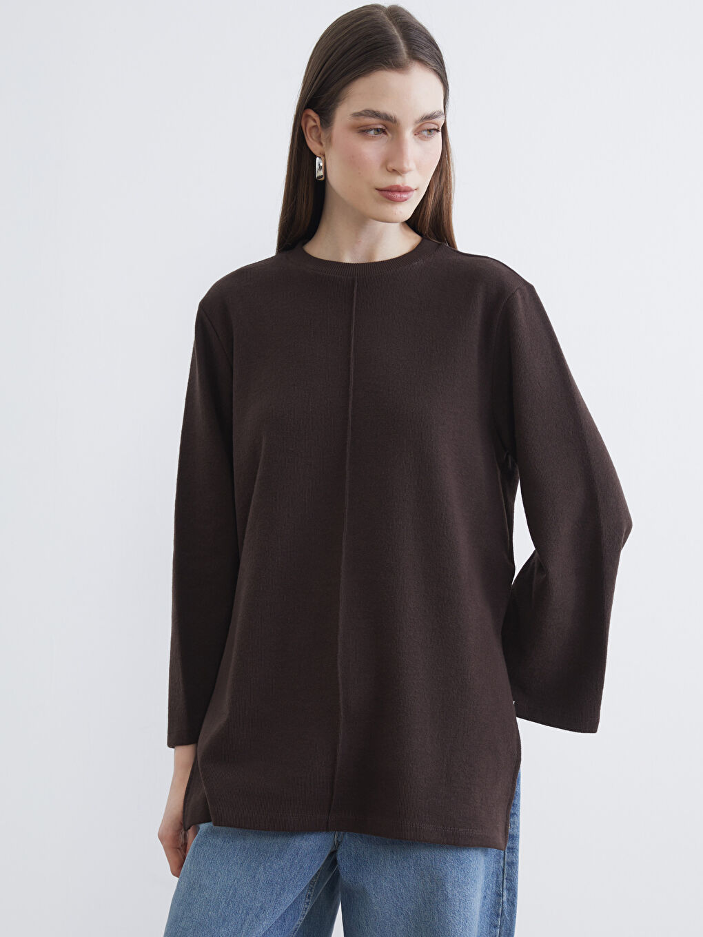 Kahverengi Oversize Kadın Sweatshirt Tunik
