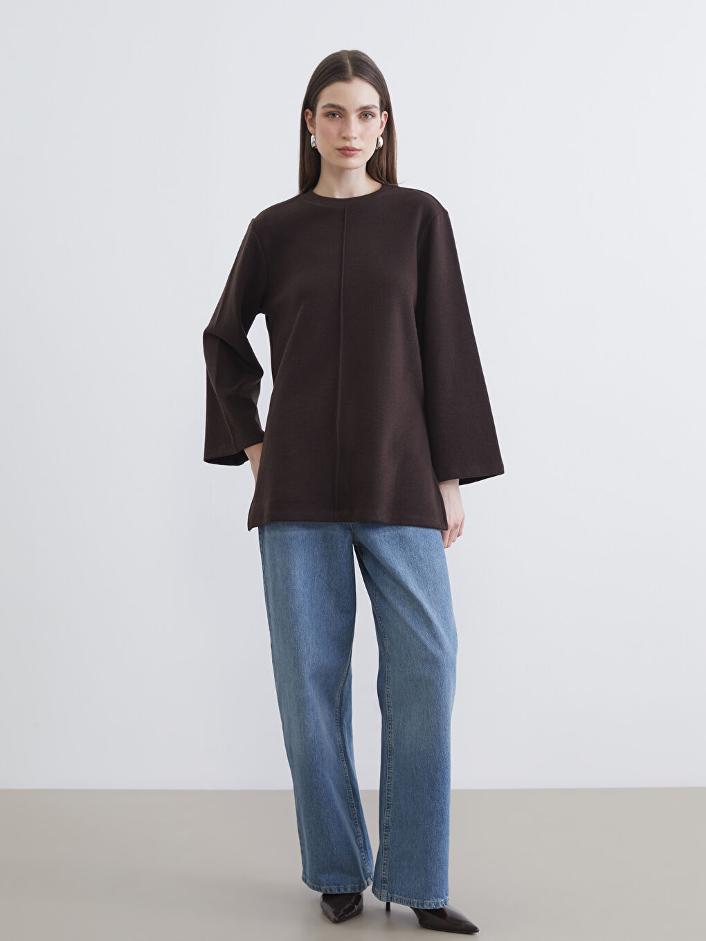 Kahverengi Oversize Kadın Sweatshirt Tunik-1